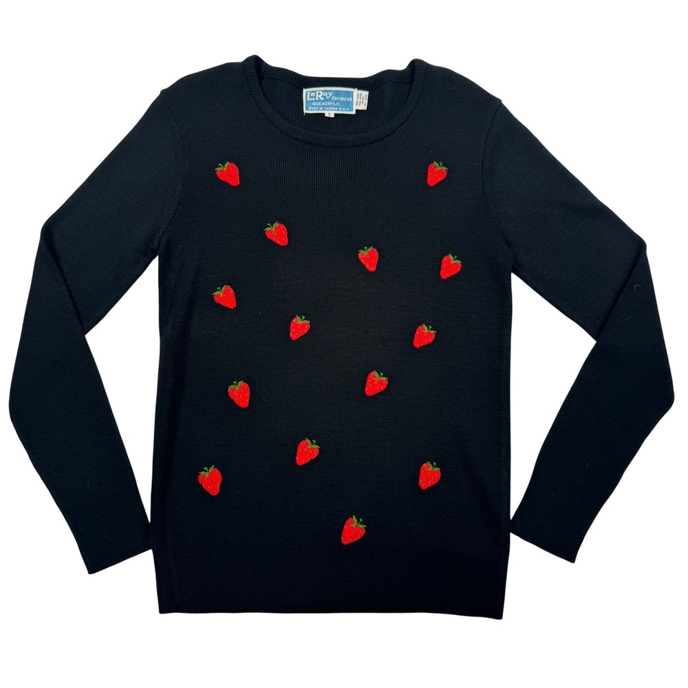 Vintage LeRoy Knitwear Black Strawberry Embroidered Sweater Small Crew Neck
